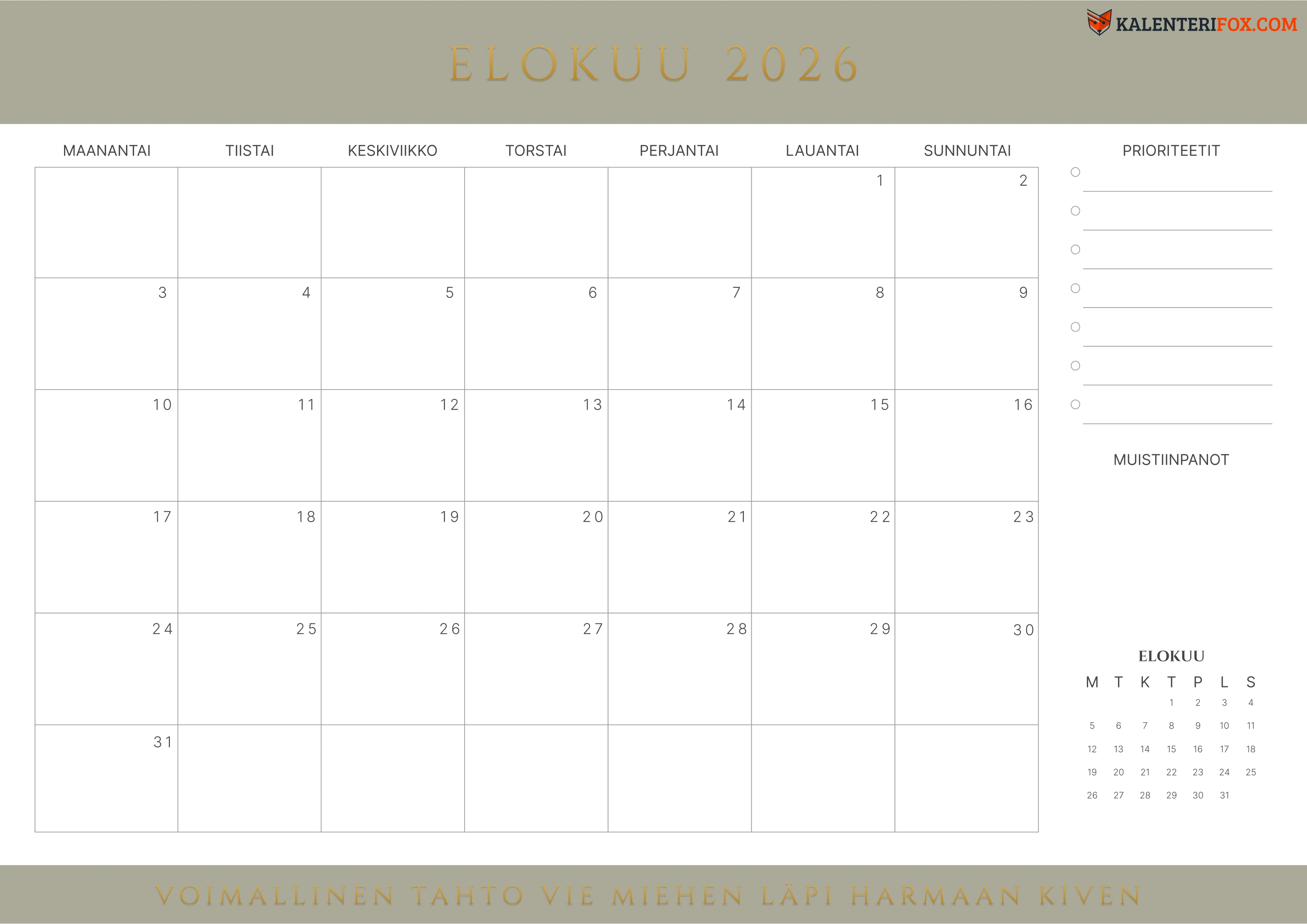Kalenteri Elokuu 2026