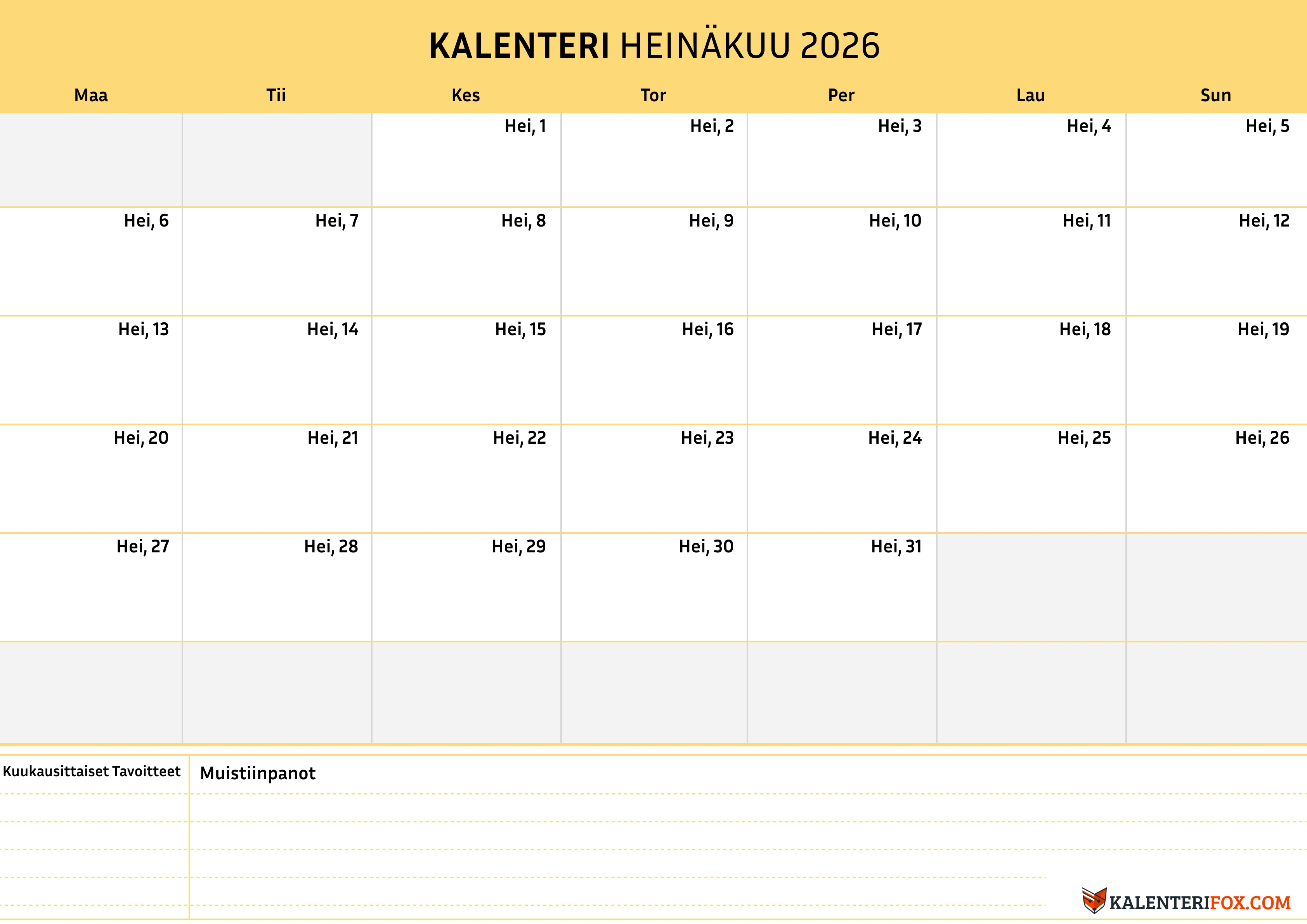 Kalenteri Heinäkuu 2026