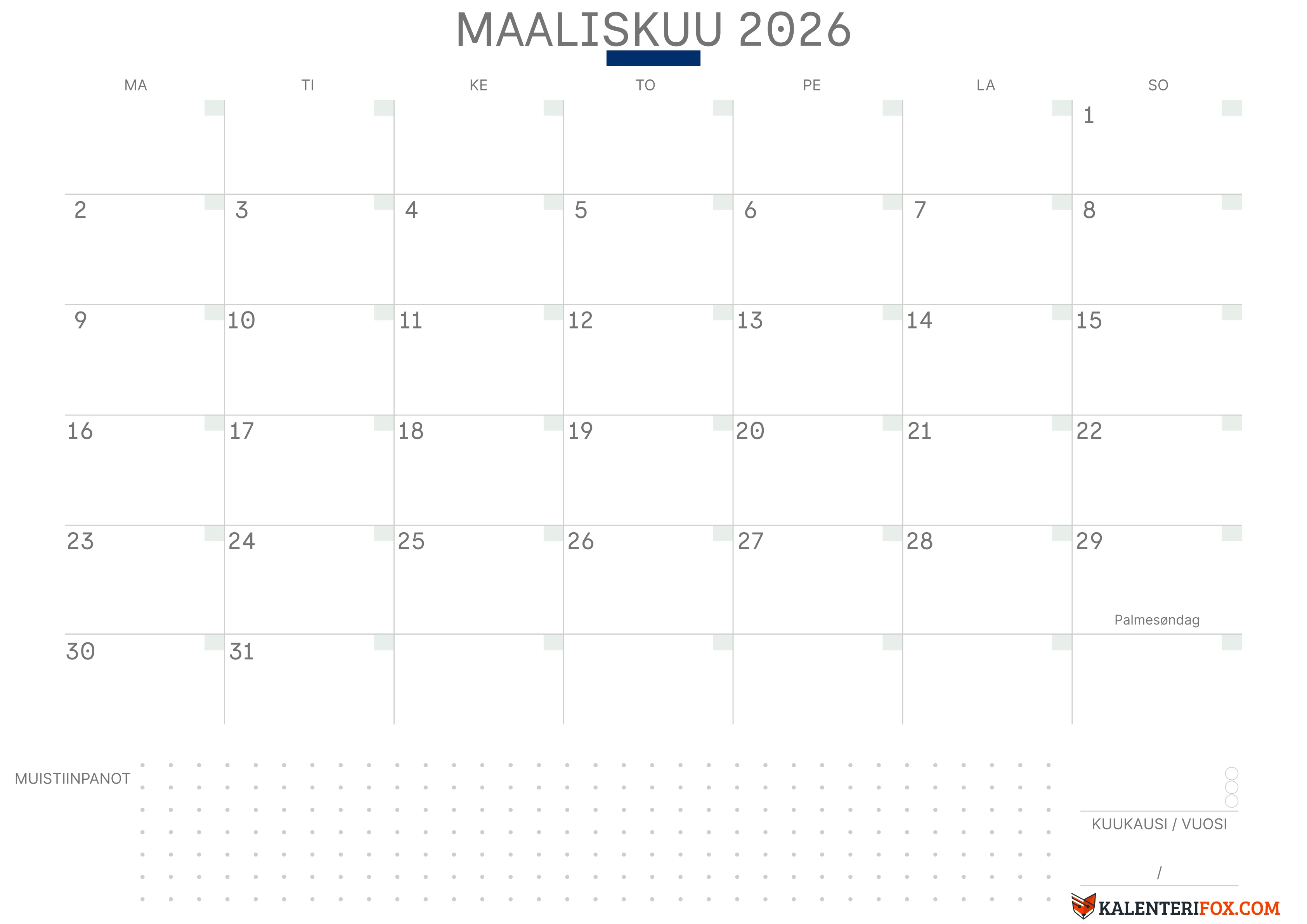Kalenteri Maaliskuu 2026