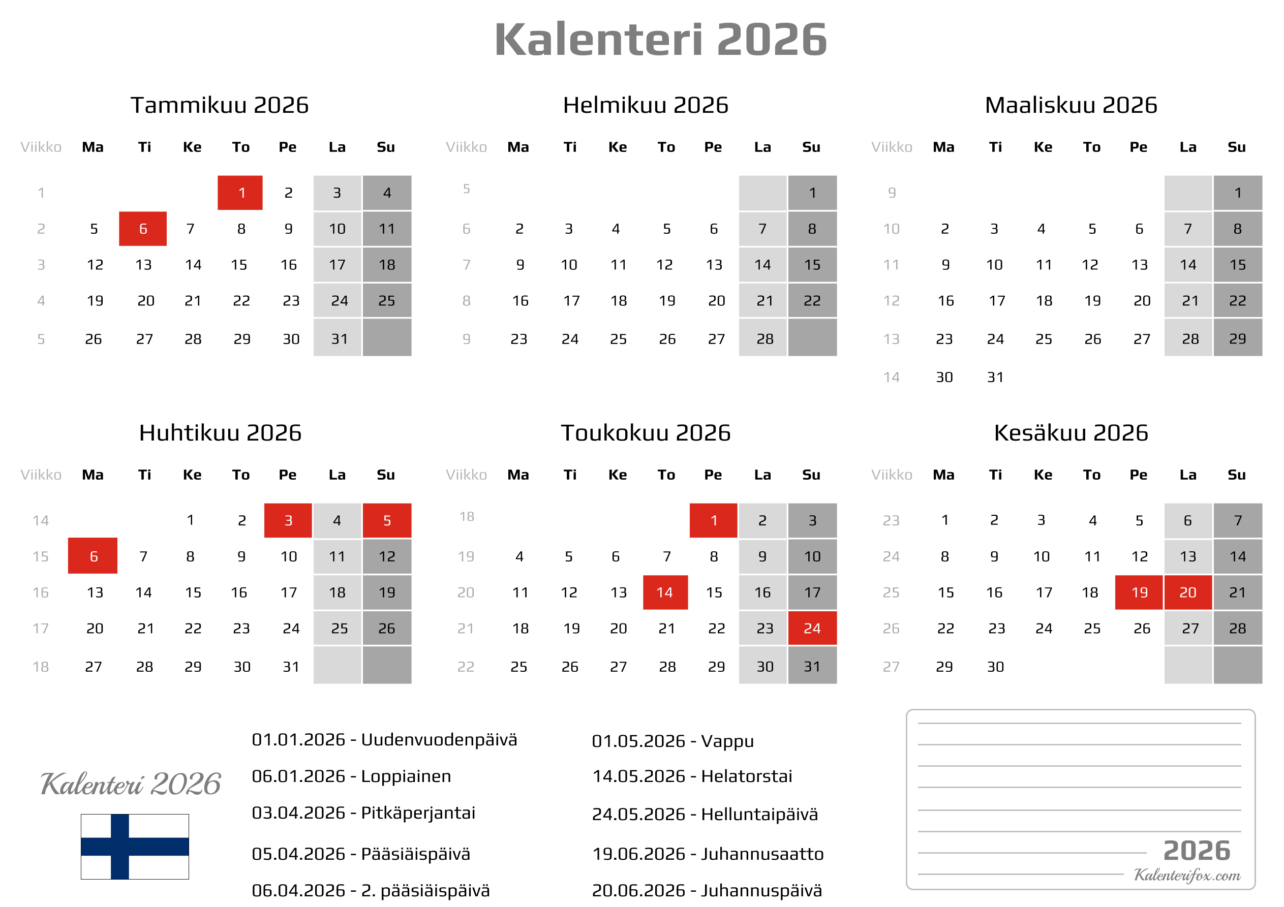 Puolivuosikalenteri 2026 Pyhäpäivät