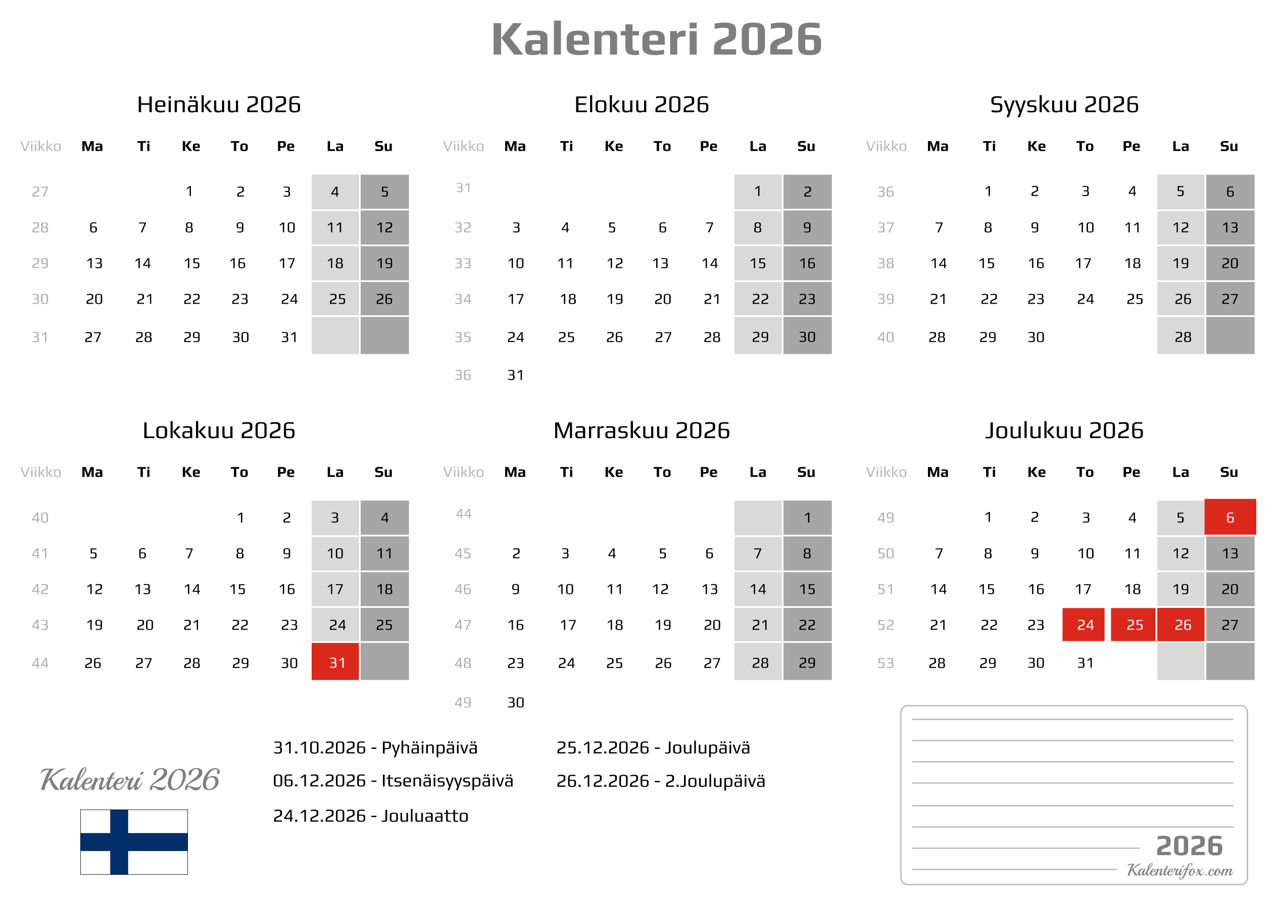 Puolivuosikalenteri 2026 Pyhäpäivät